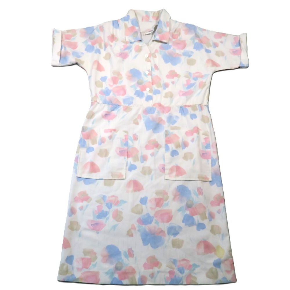 Vintage 80s Watercolor Floral Shirt Dress L Pastel Midi Pocket Cottagecore Sweet